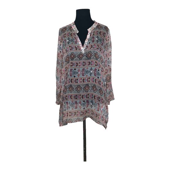 Language sheer print v neck 3/4 sleeves tunic blouse size Small - Picture 7 of 9